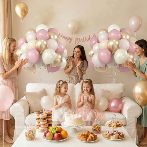 Image of Dusty Pink and Gold Balloons, 60PCS Double Stuffed Pearl White Blush Pink Balloon, 12 Inch Apricot Champagne Gold Balloons Helium for Women Girls Boho Birthday Wedding Bridal Shower Party Decorations