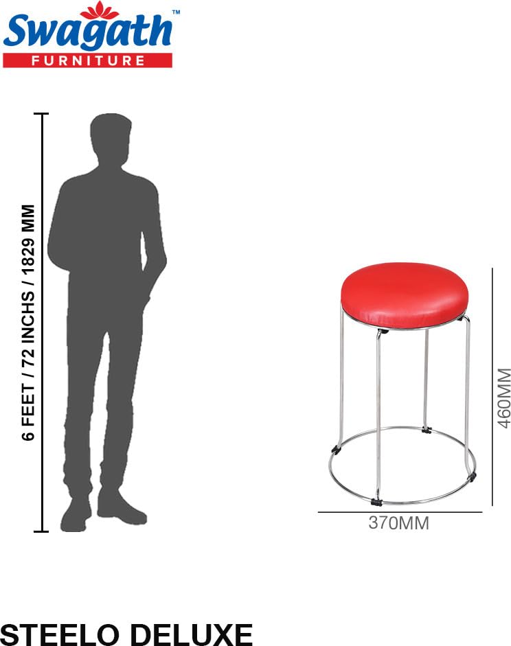 Swagath Furniture Steelo Stool with Stainless Steel Base for Indoor/Outdoor & Cafeteria (Colour-Red Cushioned seat, Pre-Assembled) 1