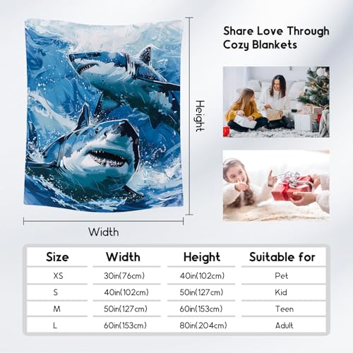 Shark Blanket - 60x80 Inches Cute Throw Blanket for Boys - Blue Soft Fuzzy Blankets for Bed, Couch & Living Room