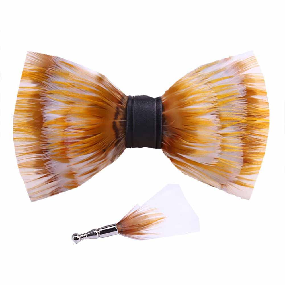Sadiyamo Feather Bow Tie Feather Necktie Peacock Pre-tied Bow Tie and Brooch Sets with Product Box