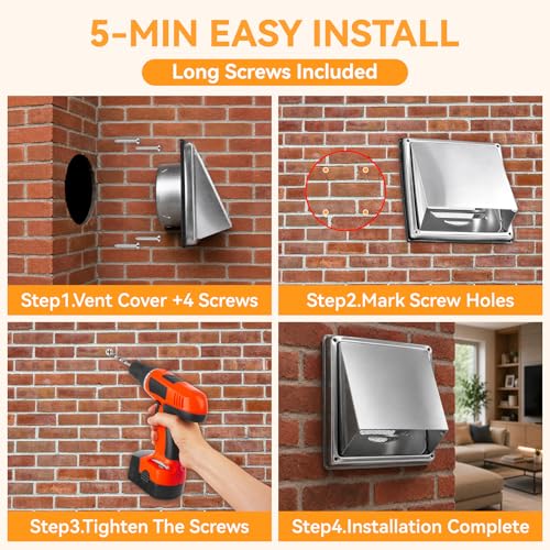 FULUPET Metal Dryer Vent Cover Outdoor Wall Vent - Heavy Duty 304 Stainless Steel Exhaust Vent Hood, Rustproof Exterior Wall Vent (5Inch-With Mesh Screen) by FULUPET - Used condition - Image 8