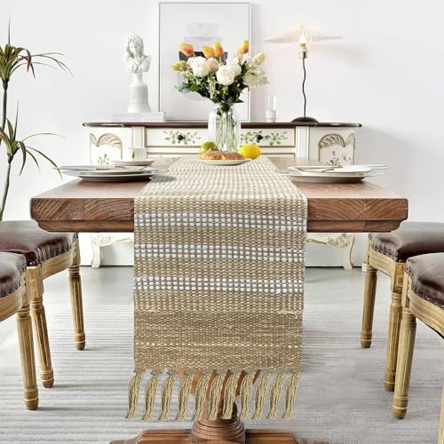 Image of Luxe Home Elegant Beige and White Woven Table Runner with Tassels - Mix Cotton Jute 13 x 72 Inch, Stripe - Perfect for Dining Table, Center Table, Decor