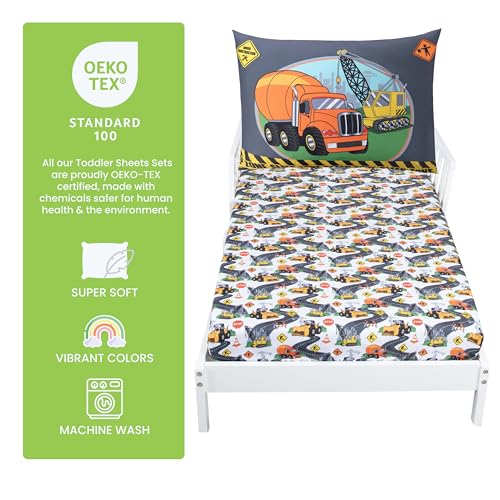 Image of Todays Kids Under Construction Blue Toddler Bedding Set - 2-Piece Baby Crib Sheets Boy Crib Size, 28x52 Fitted Sheet & 20x30 Pillowcase, Soft Breathable & Fade-Resistant Microfiber, Machine Washable