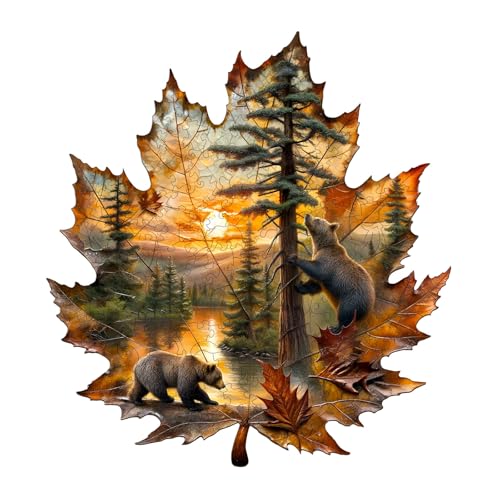 Puzzle en Bois Adulte Ours Brun Automne - Puzzle en Bois de 155 pièces - Boîte Cadeau, décoration Murale et Cadeau pour Les Amis et la Famille