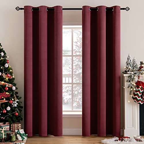 MIULEE 90" Long Blackout Curtains for Christmas, Room Darkening Thermal Insulated Drapes Solid Window Treatment Set Grommet Top Light Blocking Curtain for Living Room/Bedroom 2 Panels Wine Red