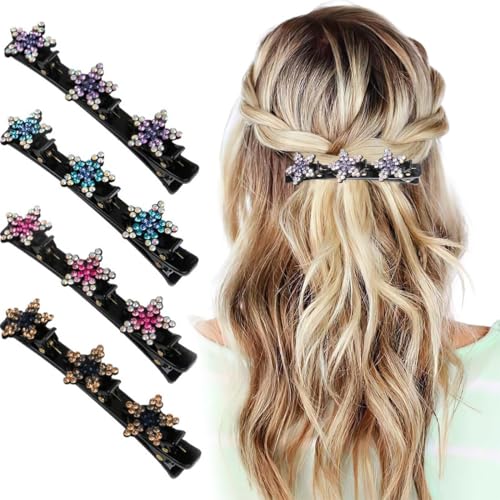 Cavilhas de cabelo para mulher, 4 peças pinças de cabelo trançadas com pedras de vidro brilhantes, ganchos de cabelo para menina, ganchos de cabelo menina