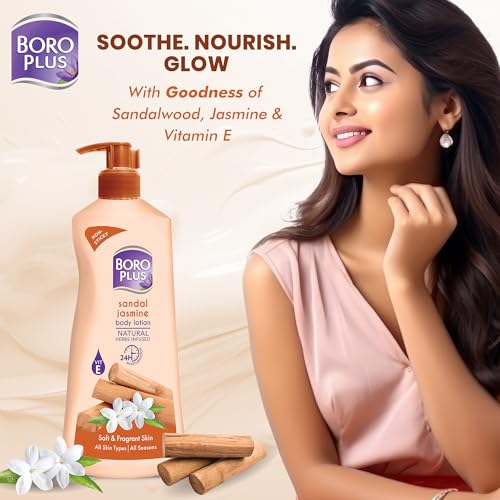 Image of BoroPlus Sandal & Jasmine Body Lotion | Natural Herbs Infused | 24 hrs Moisturisation | For Soft & Fragrant Skin | All Seasons|All Skin Types|No Added Parabens|400ml