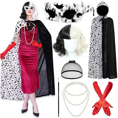 Echehi Costume Cruella Devil 7 pièces pour femme, costume Cruella avec cape, perruque Cruella, lunettes de soleil en fourrure, gants