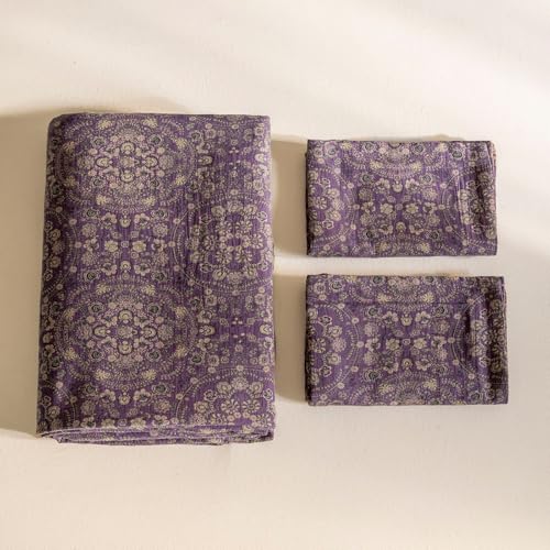 VM VOUGEMARKET Full Duvet Cover Set Purple Green Floral Pattern,3 Pieces Reversible Boho Medallion Jacquard Flower Bedding Set,Linen Cotton Yarn-Dyed Textured Duvet Cover with Zipper Closure