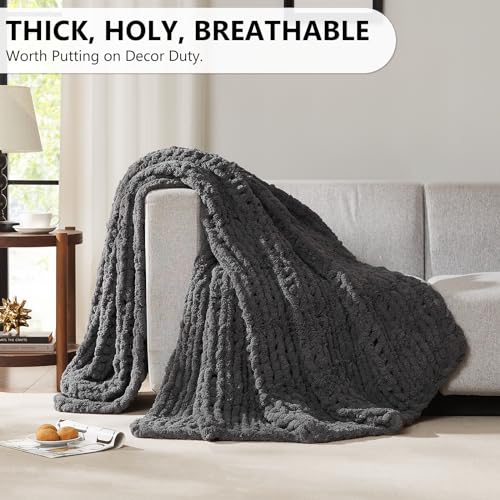 L'AGRATY Chunky Knit Blanket Throw - Soft Chunky Throw Blanket 50x60: 100% Hand Kintted Chenile Crochet Throw Blanket for Couch - Large Cable Knit Chunky Blanket for Home Decor(Dark Grey)