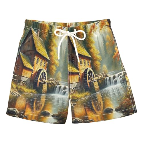 Fall Tree River House Boys Swim Trunks Quick Dry Toddler Swimsuit Boy Board Shorts Bathing Suits Swimwear L Multi
