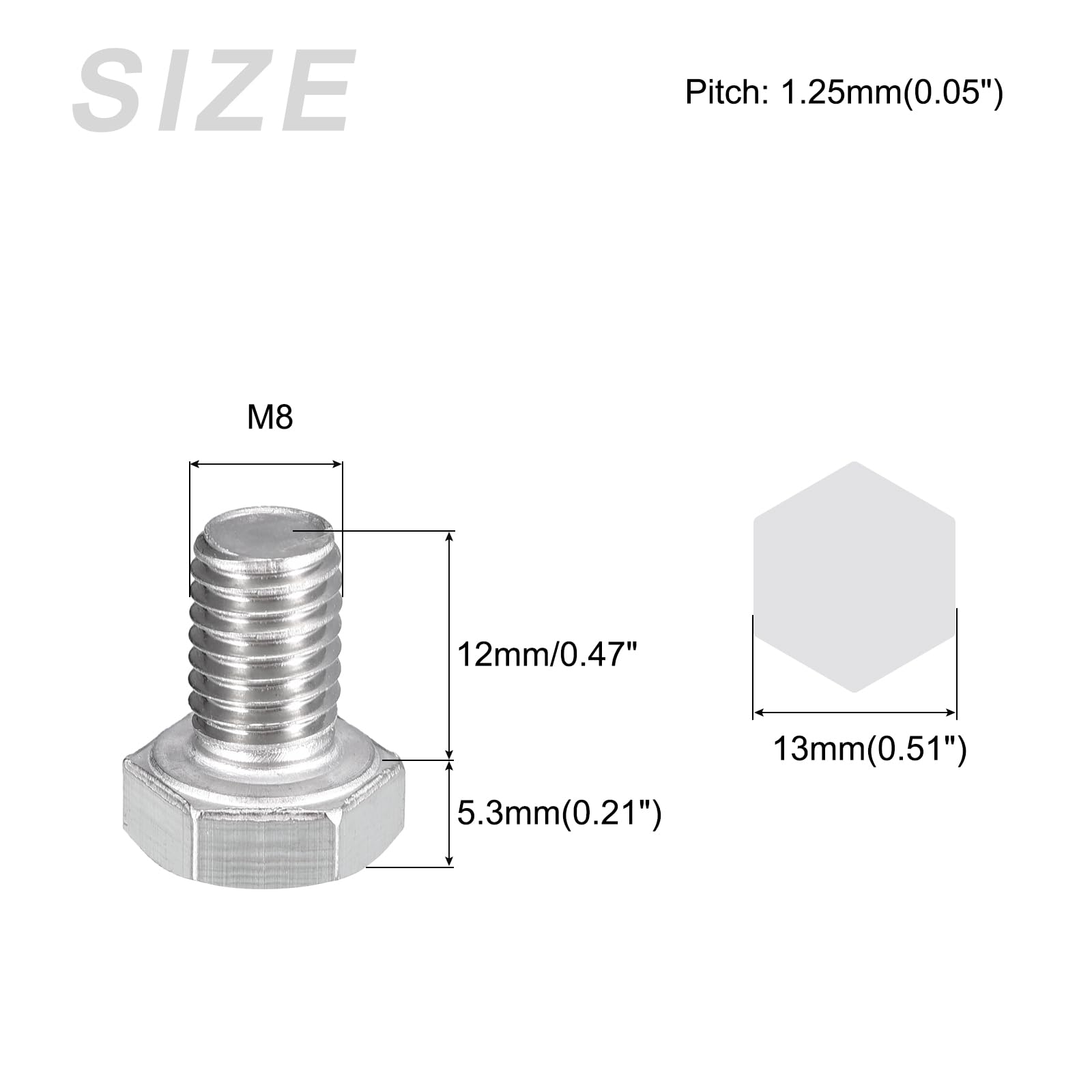 METALLIXITY Hex Bolts (M8-1.25x12mm) 25Pcs, 304 Stainless Steel Coarse Fully Threaded Hex Head Screw Bolt Machine Screws - Image 2