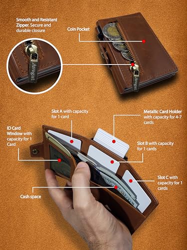 AVEGAT-Premium Quality Leather Mens Wallet Metal Card Holder Space for Cash and Coins RFID Blocking Wallet Smart Wallet for Men Trifold Wallets for Men Small Wallet ID Card Pop Up Wallet (Brown-02)4