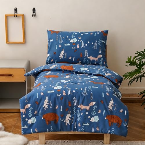 Image of Wellboo Blue Bear Toddler Bedding Sets for Girls Boys Cute Cartoon 4 Pieces Soft Crib Bed Set Including Comforter, Sheets and Pillowcase Kids Fox Theme Woodland Forest Quilt