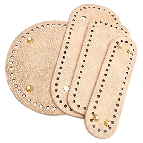 TXIN 5 Pcs PU Leather Bag Bottom for Crochet, Rectangle Round Oval Knitting Crochet Bags Bottom Shaper Pad Hand-Woven Bag Cushion Base with Holes for DIY Handbag Shoulder Bags Purse Making (Khaki) Cover