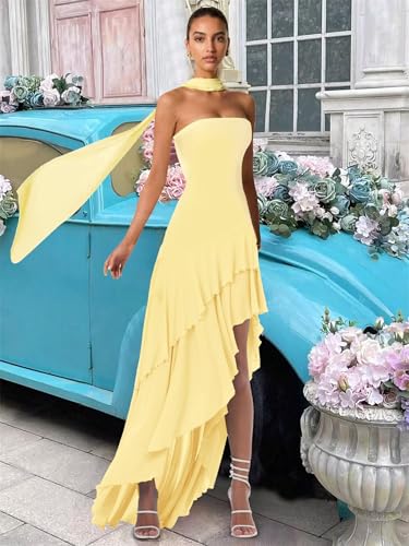 Strapless Bridesmaid Dresses with Scarf Women's Chiffon Formal Evening Dress with Slit2