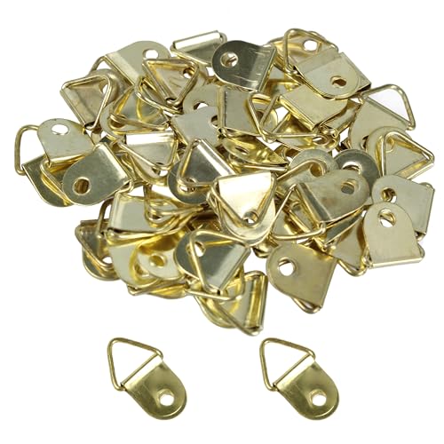 Image of 100Pcs Small Triangle D-Ring Picture Hangers with Screws, Picture Hang Solutions, Gold Metal Frame Hooks Hardware for Hanging Clocks, Paintings, Artwork, Photos, Mirror
