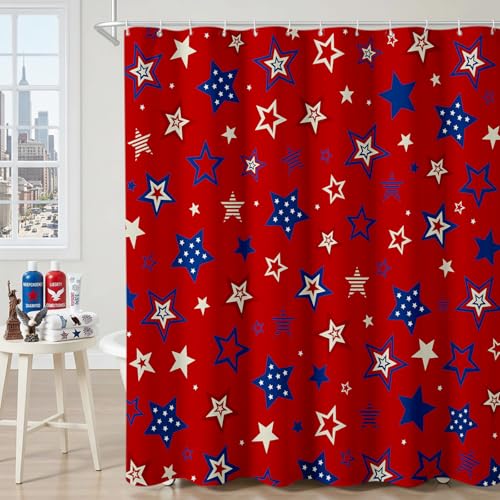 Mocsicka Red 4th of July Shower Curtain Red Blue Stars Independence Day American Patriotic Shower Curtain Bathroom Bathtub Curtain 72x72 Inch