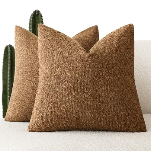 Image of Foindtower Set of 2, Decorative Textured Boucle Throw Pillow Covers Accent Solid Pillow Cases Neutral Soft Cozy Couch Cushion Case for Chair Sofa Bedroom Living Room Home Decor 24x24 Inch Hazel Brown