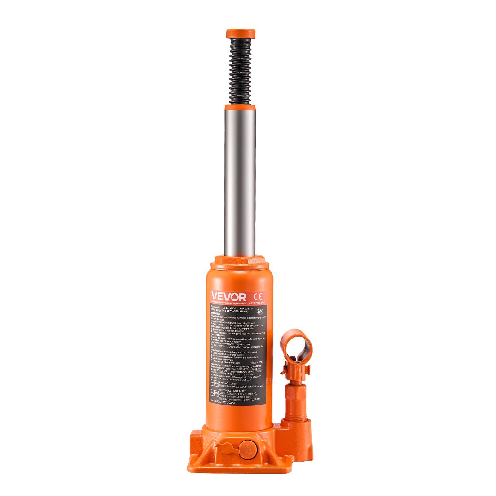 VEVOR Cric Bouteille Hydraulique Grande Capacité 6 T, Cric de Levage pour Voiture Plage de Levage 195-375 mm, pour Entretien Réparation Automobile et Équipement Agricole, Atelier Garage, Orange