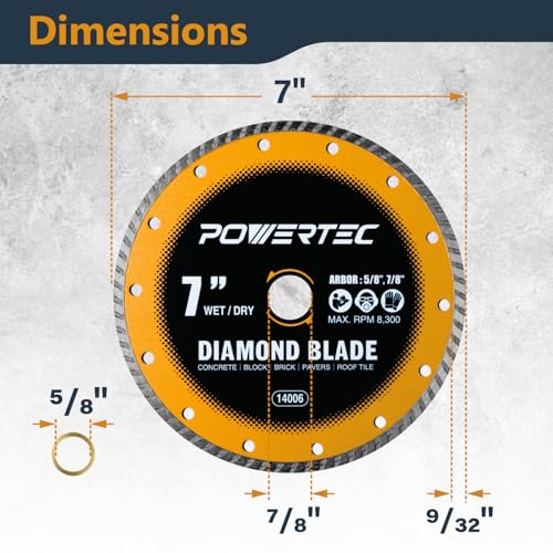 Image of POWERTEC 7 inch Turbo Diamond Saw Blade for Wet Tile Saw, Diamond Blade for Cutting Concrete, Granite, Brick, Paver, Roofing Tile, 7 inch Diamond Blades for Wet /Dry Cutting, 1 Pack (14006)