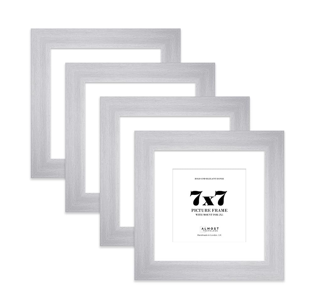 7x7 Silver Square Frame With Mount for 5x5 Pictures 28mm Edge Frame Display with Wall Hooks and Kickstand, 4 Pack