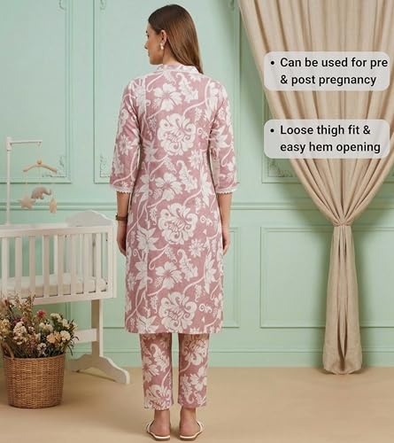 Image of DUMMY SHAPE Maternity Dresses for Women Cotton | Floral Kurta Pant Dupatta Set with Nursing Zippers, Side Pocket | Pre & Post Pregnancy | Feeding Kurti Suit | Baby Shower | Gifts for Pregnant Woman