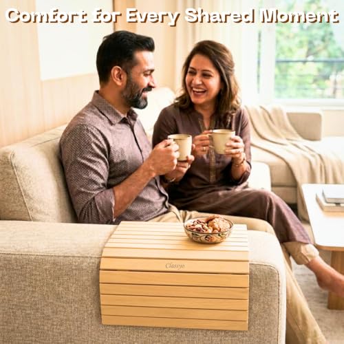 Image of Classyo Sofa Armrest Tray, Sofa Arm Tray - Dining Table Mats Flexible & Foldable - Suitable for Food, Drinks, Snacks, Cup- Pine Wood (11 in x 17 in) (Pack of 2)