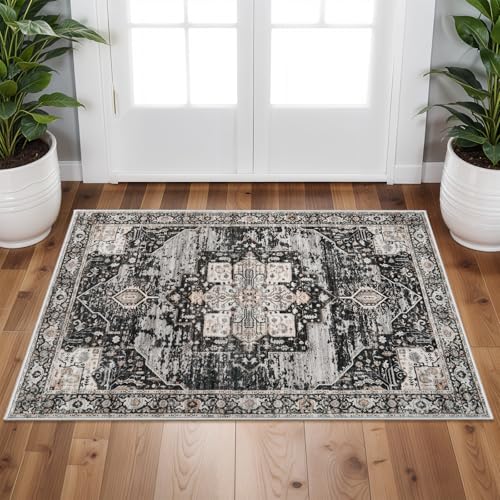RUUGME Washable 2x3 Area Rugs - Large Boho Rugs for Living Room Stain Resistant Carpet Vintage Tribal Rugs for Bedroom Kitchen Bathroom with Non Slip Backing Home Decor Floor Decoration Mat 2x3 Black