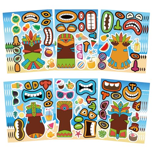 Image of Summer Stickers, Make a Tiki Face Sticker, Tropical Hawaiian Stickers | 24 Sheets Make Your Own Tiki Sticker for Kids Summer Luau Party Favors Decoration