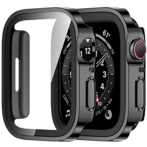 Amizee 2 Pack Funda Compatible con Apple Watch SE 44mm Serie 6 5 4 con Protector de Pantalla Cristal Templado, Carcasa Duro Ultra Delgada Anti-Rasguños para iWatch 44mm - Negro