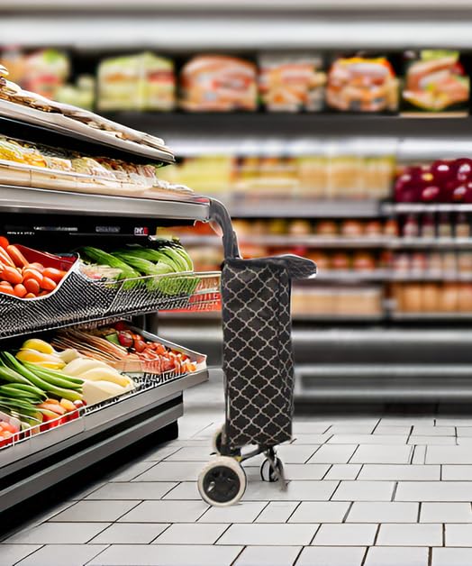 Image of KriShyam Foldable Shopping Trolley Cart with Pattern Design | Large Capacity Grocery Cart with Wheels | Durable Fabric Utility Cart | Lightweight Portable (2 WHHEL Black (Geometric Print))