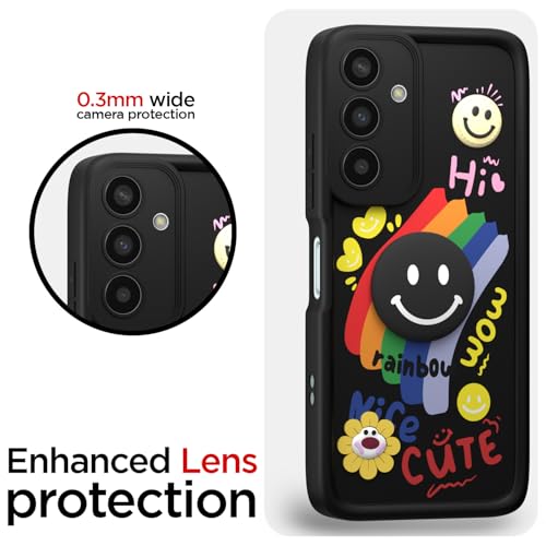 Image of Outlouders Back Cover for Samsung Galaxy M13 4G | Cute Rainbow Smile 3D Cartoon Flower | Soft Silicone Raised Camera Protection Bumper Case (Black)