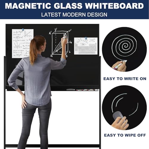 Image of TSJ-OFFICE Rolling Glass Whiteboard on Wheels - 48 inch x 32 inch Magnetic Mobile Dry Erase Board with Stand, Large Rolling White Board with 25 Sheets Paper Pad, Transparent Tempered Glass Board Office, Home