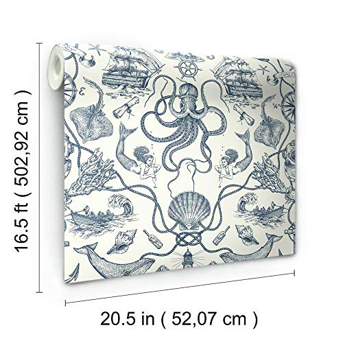 RoomMates RMK12002WP Blue Deep Sea Toile Peel and Stick Wallpaper
