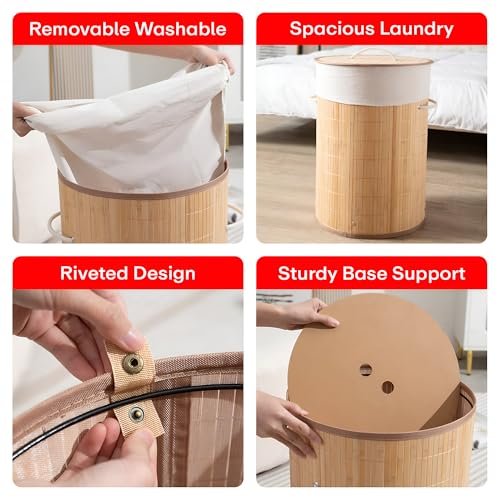 Image of Rioware Bamboo laundry bag basket for clothes with lid toy storage organiser box foldable Round Home Organizer and Storage | Eco Friendly | Compact and Easy to carry- Brown Econest