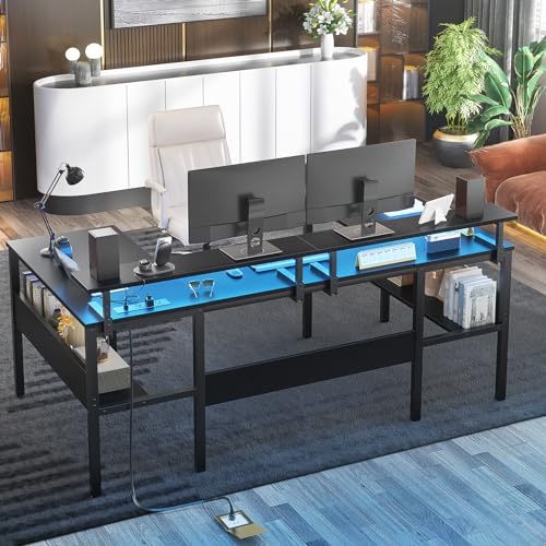 Customizable U and L Shaped Office Desk with Monitor Stand, RGB Lights, and Power Outlets