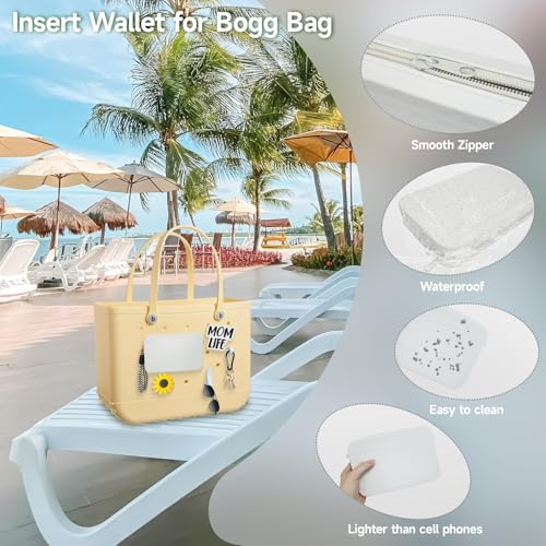 7Pcs Silicone Wallet Phone Holder, Momlife Sunflower Charms for Bag Accessories, 4pcs Hooks Set, Bogg Organizer Pouch with Zipper, Beach Bag Accessories4