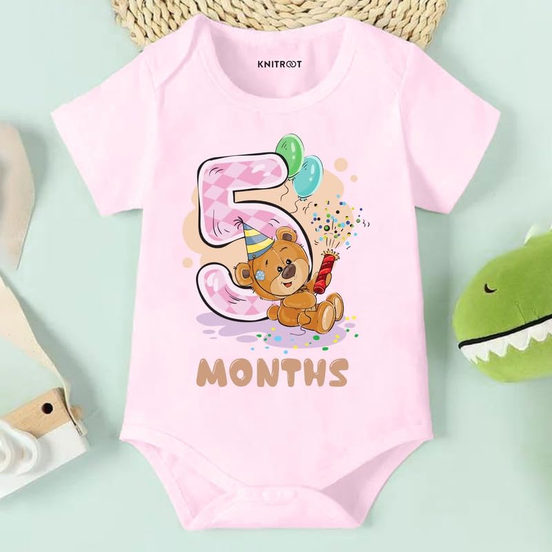 Image of Knitroot Monthly Birthday Teddy Special, Newborn Baby Half Sleeve Unisex Romper, Onesies, Sleepsuit, Body Suit, Envelope Neck, 1 to 12 Months Print, 0-12 Months, Infant Cloth for Boys & Girls