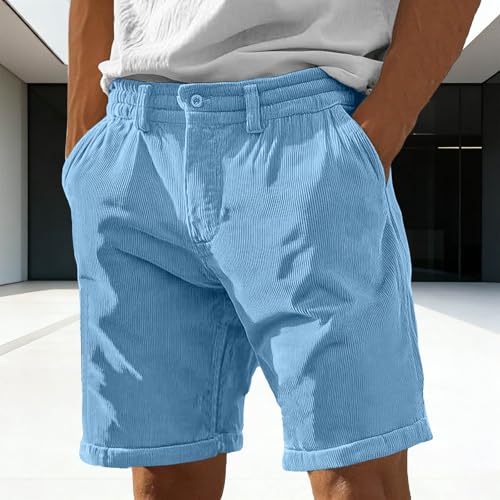 Image of Mens Corduroy Shorts Casual Elastic Waist Button Summer Beach Shorts Lightweight Comfy Short for Men with Pockets
