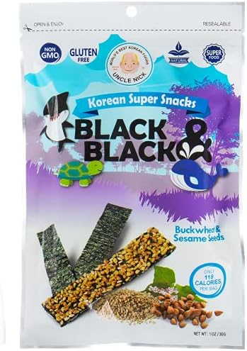 UNCLE NICK Korean Super Snacks - Black & Black Seaweed Snack with Buckwheat and Sesame Seeds 1oz (Pack of 10)