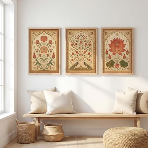 Image of NoWorries Lotus Peacock Wall Art Set of 3 Framed Prints | Indian Traditional Floral Botanical Painting, Royal Rajasthani Lotus Poster, Vintage Ethnic Wall Decor for Living Room Bedroom Home (Synthetic Engineered Wooden Frame) (Synthetic Engineered Wooden Frame) (MIN -9, 13x17 inches)