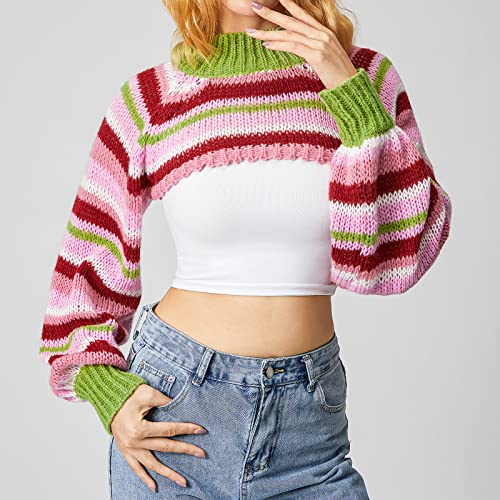 Women Striped Crochet Shrug Sweater Colorful Long Sleeve Knit Bolero Top Hollow Out Patchwork Arm Warmers3