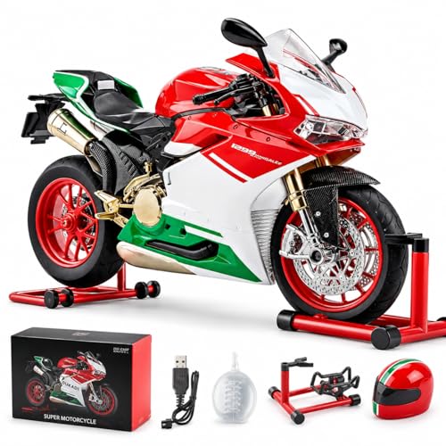 Image of PLUSPOINT Diecast Ducati Bike Motorcycle Toy 1:9 Scale Model with Sound Effects, LED Lights, Ignition System and Smoke Spray, Model Vehicle Toy Street Machine Alloy Simulation Super Bike
