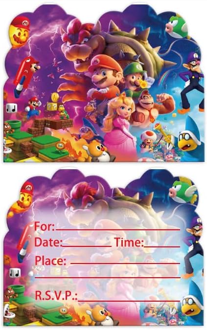 LEOWEST 20 invitaciones de fiesta de cumpleaños de Super Mario, invitaciones de súper mario, suministros de decoración para fiesta de cumpleaños