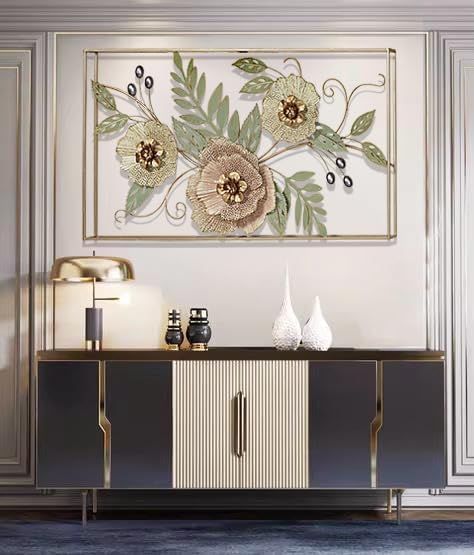 Image of ZOVE Forever Blooms Openwork Floral Wall Art | Framed Metal Artwork with Pastel Pink & Cream Blossoms | Metallic Finish Hanging Flower Decor for Living Room & Bedroom (40 x 20 Inch)