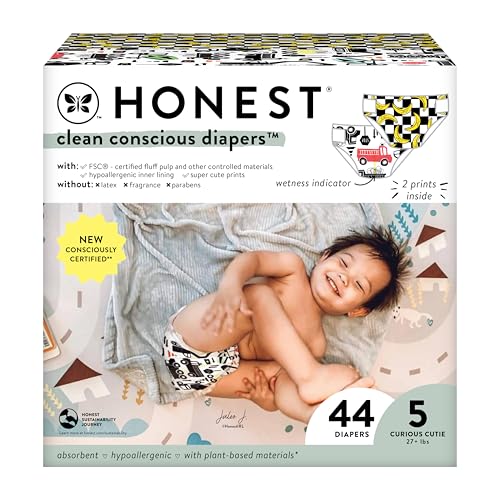 Image of The Honest Company Clean Conscious Diapers for Sensitive Skin | Hypoallergenic, Fragrance Free | Gender Neutral Prints | Club Box, Size 5 (27+ lbs), 44 Count (Prints May Temporarily Vary)