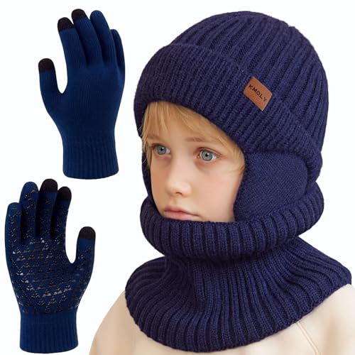 Image of Kids Winter Beanie Hat Scarf Gloves Set 4-10Y, Knit Hat With Earmuffs Neck Gaiter Fleece Lined Touchscreen Gloves Boys Girls