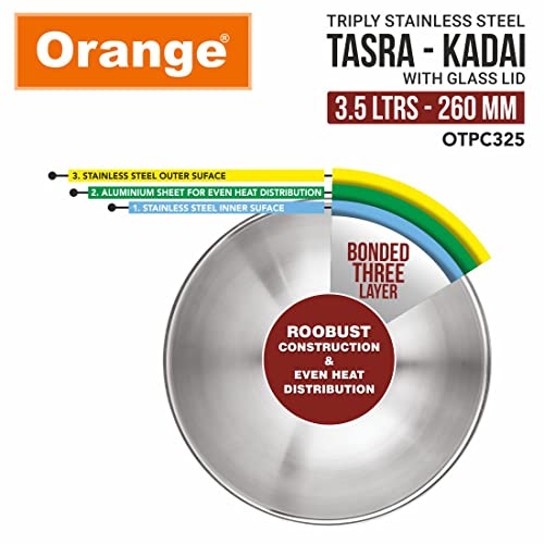 Image of Orange Triply Stainless Steel Tasra /Tasla Kadai with Glass Lid 3.5 litres Capacity (26 cm Diameter) | Heavy Bottom | 2.5mm Thickness | Silver (Induction and Gas Stove Friendly) | 5 Year Warranty
