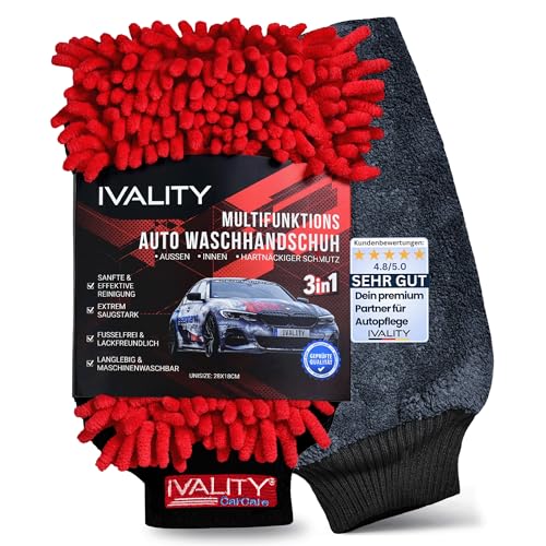 Ivality® Premium 3 in1 Auto Waschhandschuh – Mikrofaser Handschuh Lackschonend & Saugstark - Kratzfrei Schwamm Kfz Mit Gummibund Für Auto Waschen , Felgenreiniger & Insekten entferner